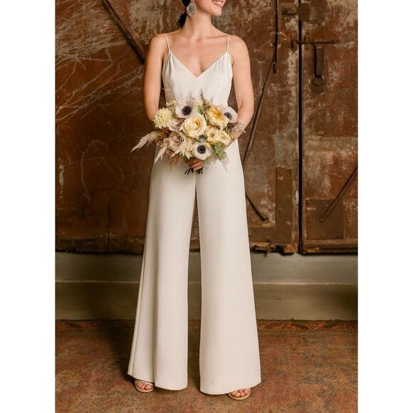 BHLDN JILL STUART White Nicki Jumpsuit Size 2 XS Wide Leg Spaghetti Ivory - Picture 10 of 13